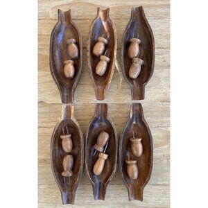 VINTAGE MID CENTURY WOOD CORN ON THE COB DISHES WITH HOLDERS LOT OF 6